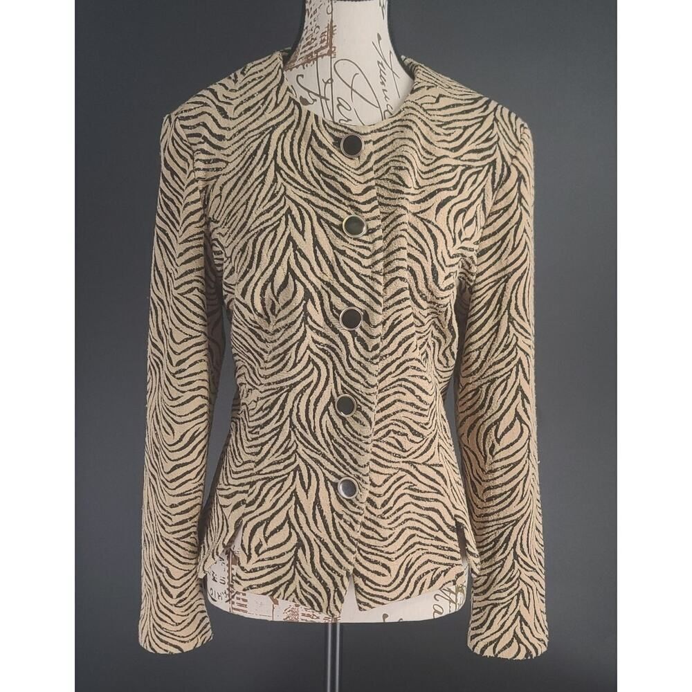 Leslie Fay Tan and Black Zebra-Print Button Front Jacket